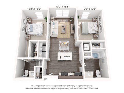Floor plan for 2 beds, 2 baths, 833 sqft